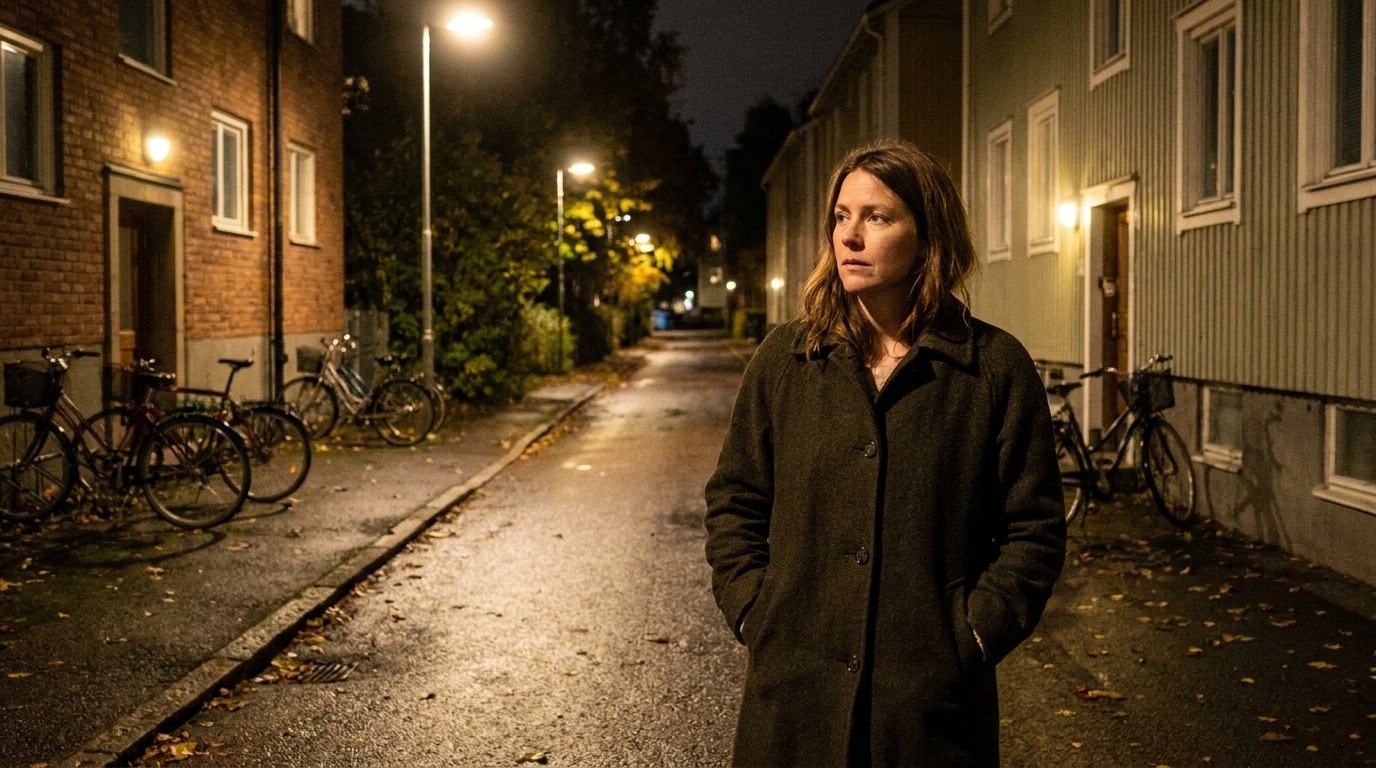 En kvinna stannar på en svensk bostadsgata på natten och ser fundersamt ner mot en sidogata, och överväger vägen hem.