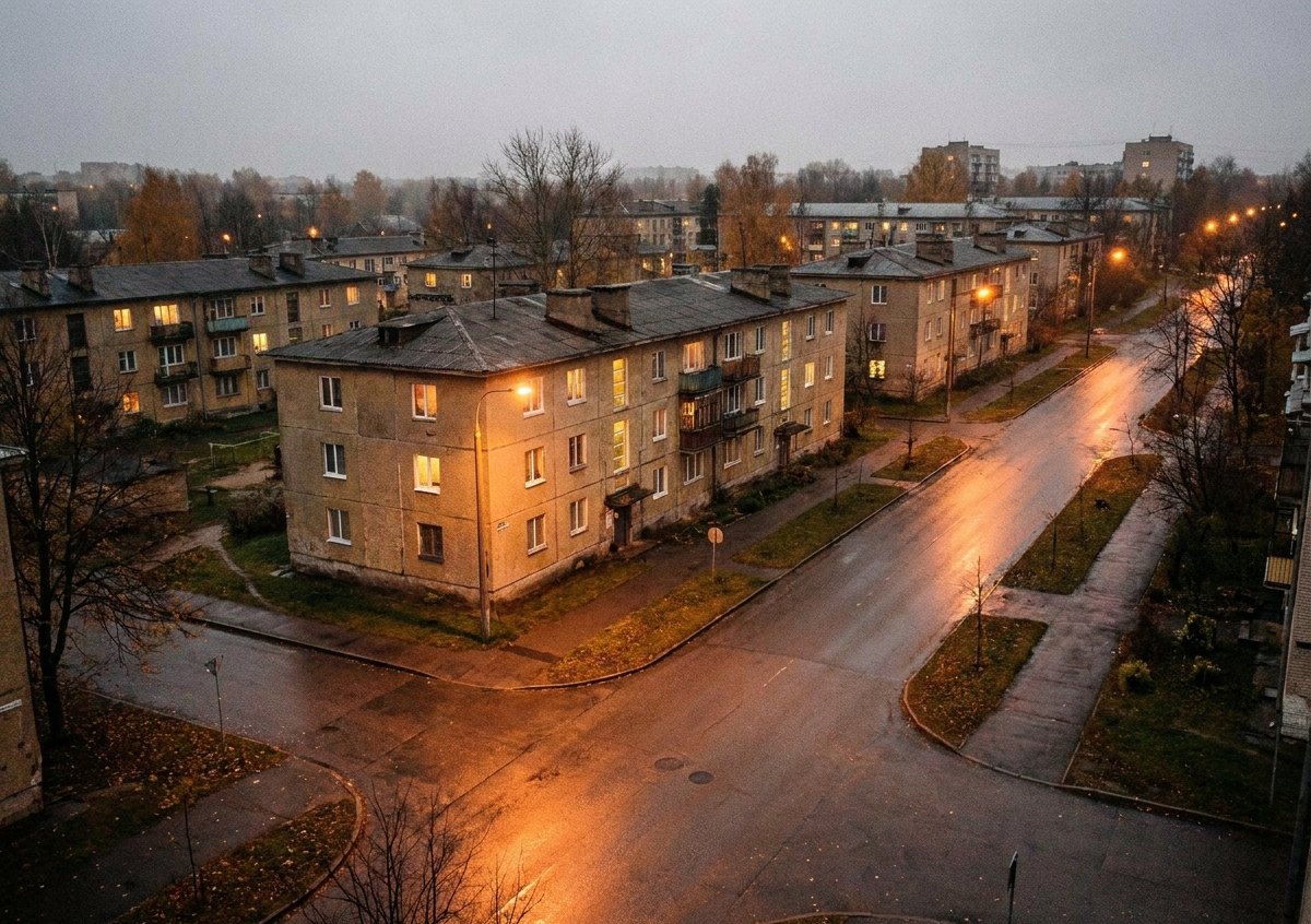 Översikt över ett svenskt bostadsområde i skymning – läget läses av.