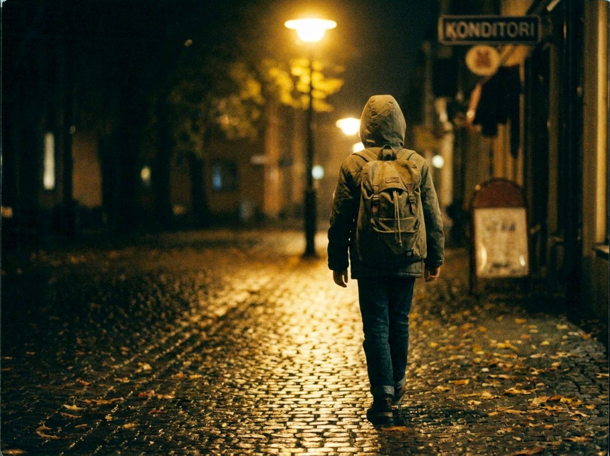 En person på väg hem på en svensk gata på kvällen – din egen situation.